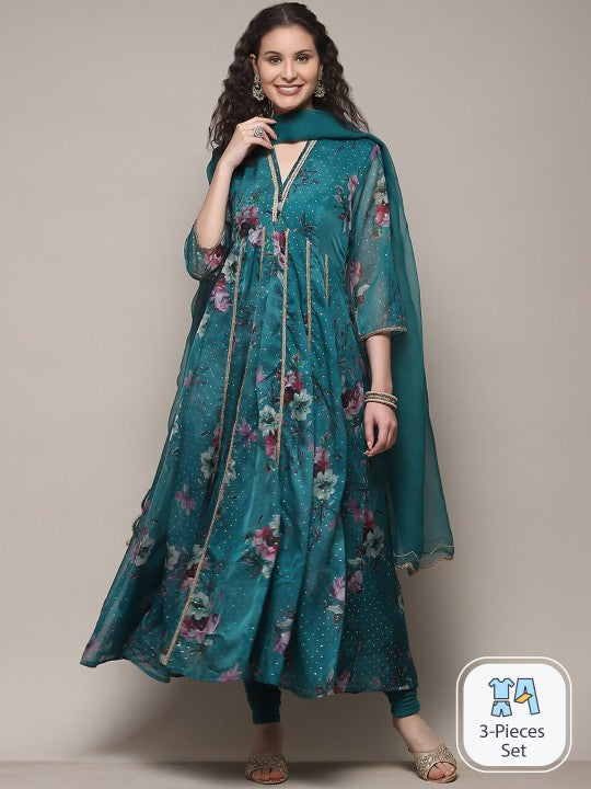 Biba Floral Printed Anarkali Kurta With Churidar & Dupatta