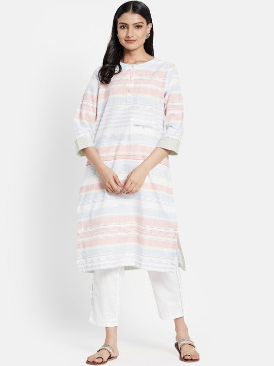 Fabindia Women Blue & Peach-Coloured Striped Kurta