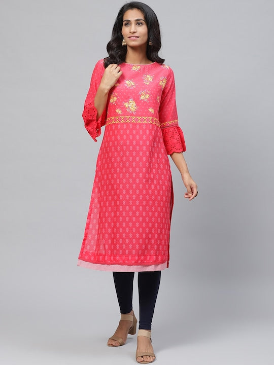 Biba Women Pink & Yellow Floral Detail Ethnic Printed Straight Kurta