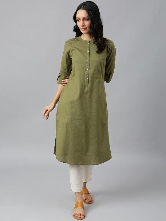 W Green Mandarin Collar Cotton A-line Kurta