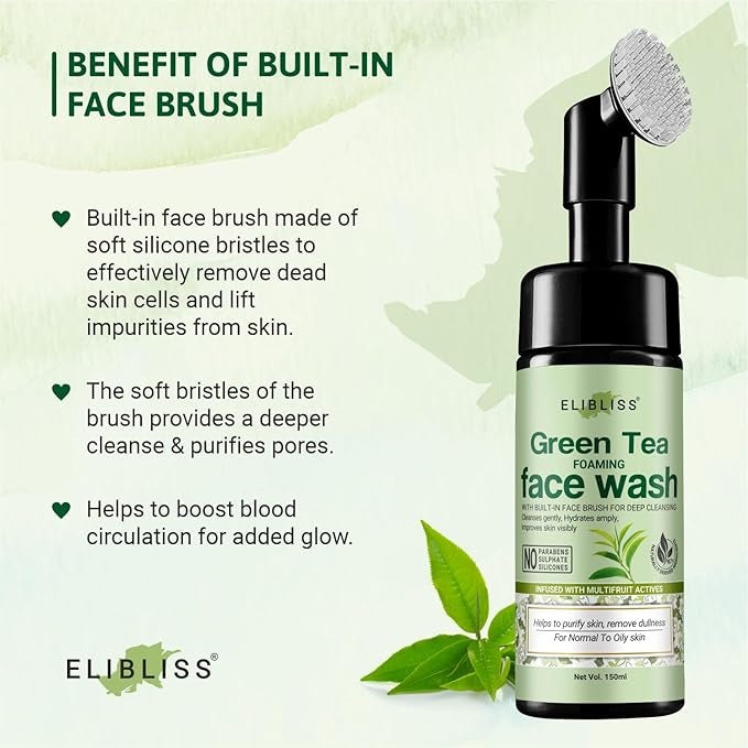 Elibliss Green Tea Skin Brightening Foaming Face Wash with Built-In Face Brush - 150 ml
