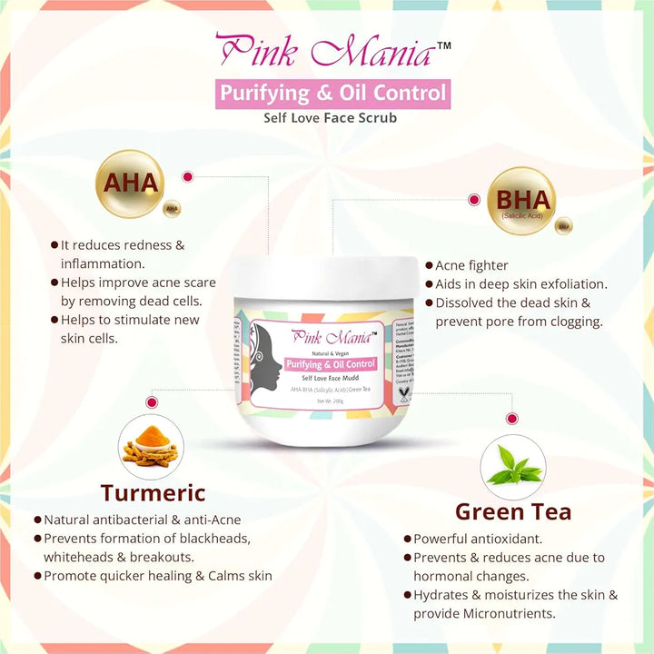 Passion Indulge AHA BHA Face Mudd for Acne, Oily Skin | Pinkmania Face Mudd for Skin Purifying & Oil Control With Turmeric & Green Tree | Natural & Vegan Acne Removal - 200g