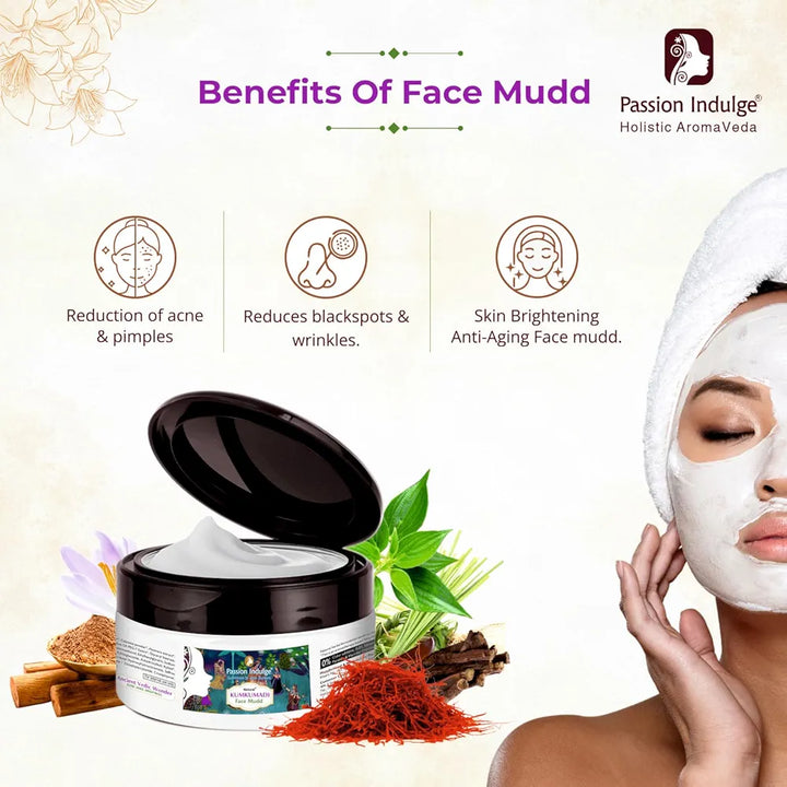 Passion Indulge Kumkumadi Natural Face Mudd Pack for Anti-Aging, Glowing, shine and Brightness with Saffron, Vetiver Oil, and 16 Herbs for All Skin Types - 250gm