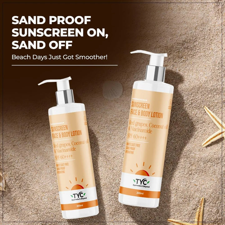 TYC - TRUST YOUR CHOICE Sunscreen Spf 60++++ Face And Body Lotion, With Coconut Oil And Niacinamide, No White Cast And Sand Proof, Hydrating Ayurvedic And Natural, For All Skin Types 