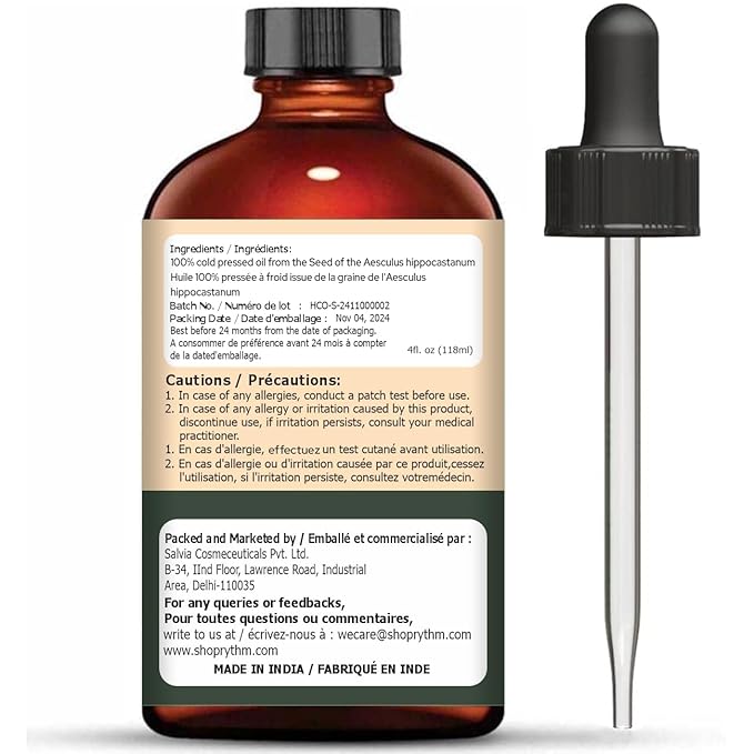 Organic Zing Horse Chestnut (Aesculus Hippocastanum) Oil | Essential Oil for Skincare, Hair Care & Massage - 118 Ml