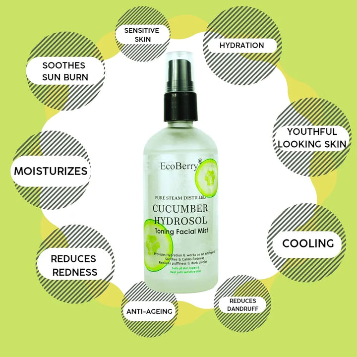 EcoBerry Pure Steam Distilled Cucumber Hydrosol Toning Facial Mist for Hydration, Softens, Soothes Sun burn, Reduces Facial Redness, Suits All Skin Types, Natural, Chemical Free, Paraben Free, Vegan