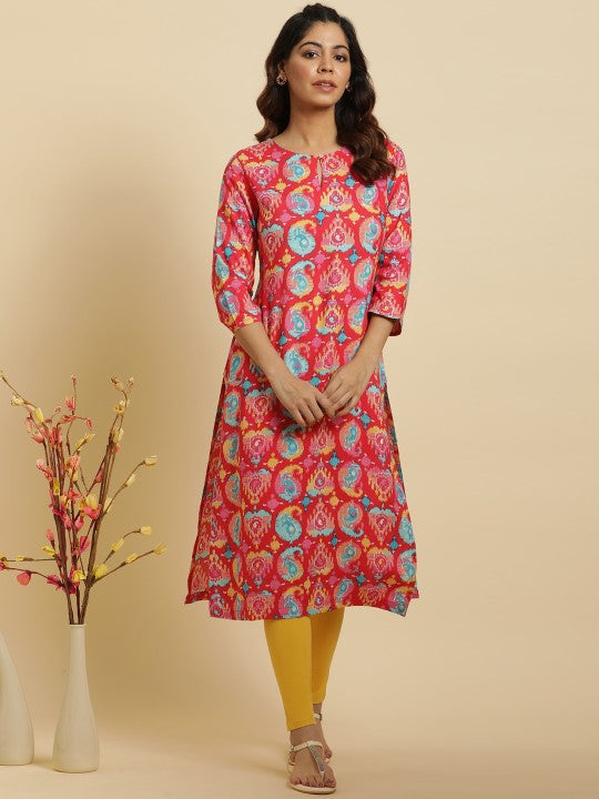 W Women Ethnic Motifs Printed Keyhole Neck Straight Kurta