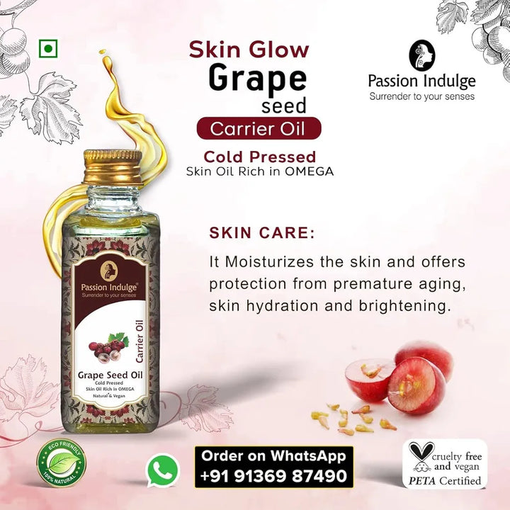 Passion Indulge Natural Grape Seed Carrier Oil for Skin, Face | Dark Circles | Natural Oil | No Additive No Fragrance | Organic Certified Carrier Oil, 60 ml