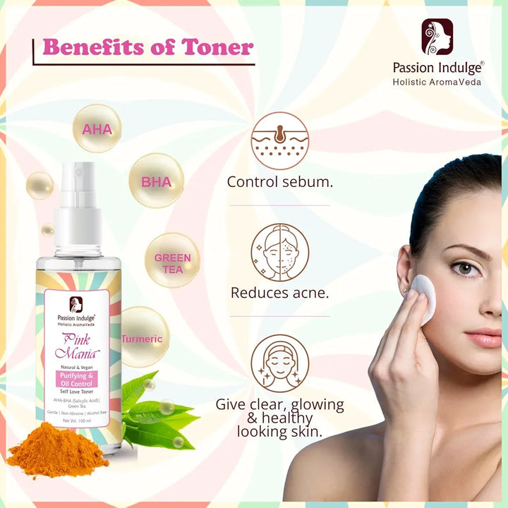 Passion Indulge AHA BHA Face Toner For Skin Purifying & Oil Control| Pinkmania Toner For Acne and Oily Skin With Turmeric & Green Tea | Reduces Acne & Redness & Hydrates The Skin | 100ml