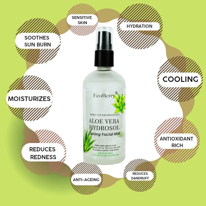 EcoBerry Pure Steam Distilled Aloe Vera Hydrosol Toning Facial Mist Soothes Skin, Sun Burn, Anti-Ageing, Promotes Hair growth, Reduces Dandruff, Natural, Handmade, Chemical Free, Paraben Free, Vegan