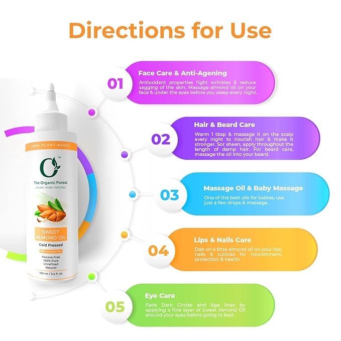 The Organic Forest Sweet Almond Oil for Hair Skin & Massage - Pure Cold Pressed - 100 ml