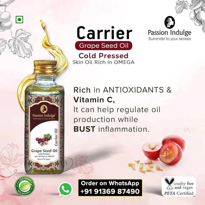 Passion Indulge Natural Grape Seed Carrier Oil for Skin, Face | Dark Circles | Natural Oil | No Additive No Fragrance | Organic Certified Carrier Oil, 60 ml