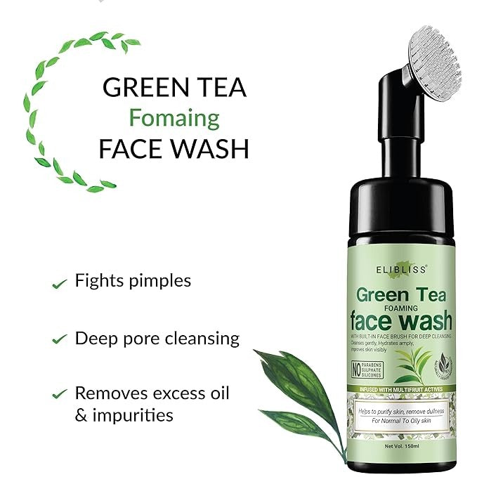 Elibliss Green Tea Skin Brightening Foaming Face Wash with Built-In Face Brush - 150 ml