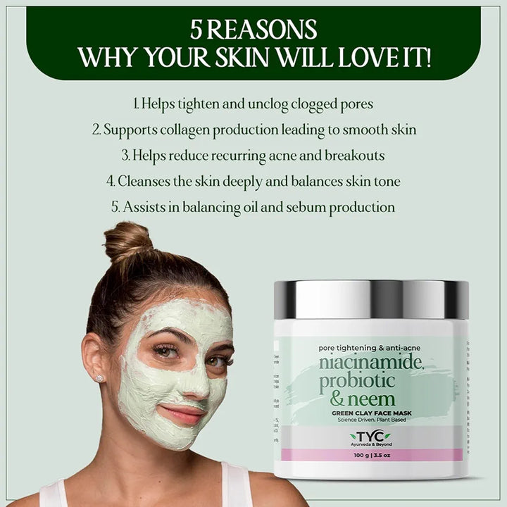 TYC Green Clay Face Mask With Niacinamide, Probiotics, Neem | Anti-Acne And Pore Cleansing Clay Mask For Oily, Acne-Prone Skin And Helps To Reduce Excess Oil | 100 gm Pack Of 1