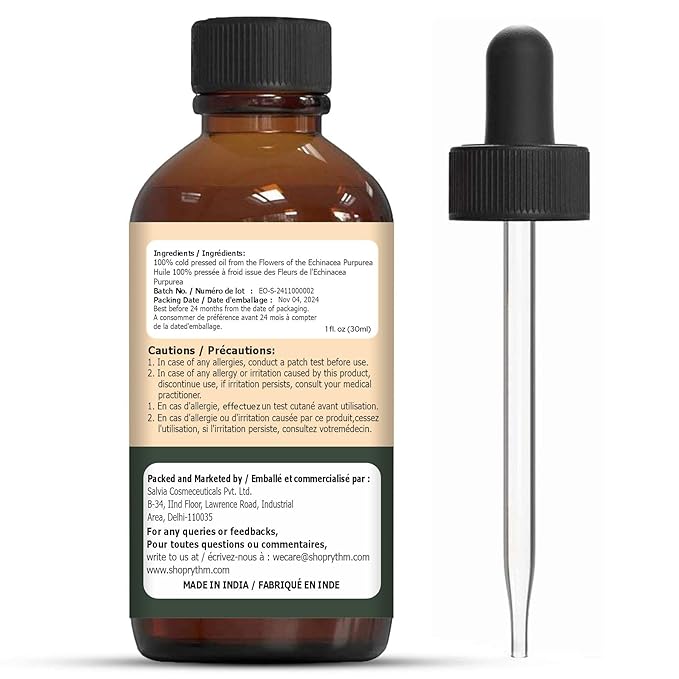 Organic Zing Echinacea (Echinacea Angustifolia) Oil | Carrier Oil for Skincare and Hair Care - 30 Ml