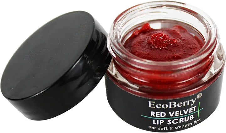 EcoBerry Red Velvet Lip Scrub For Natural Pink Lips Dry, Chapped Lips, Exfoliates, Supple Moisturizing Conditioning, Natural, Handmade, Mineral Oil Free, Preservative Free, Paraben Free, Veg