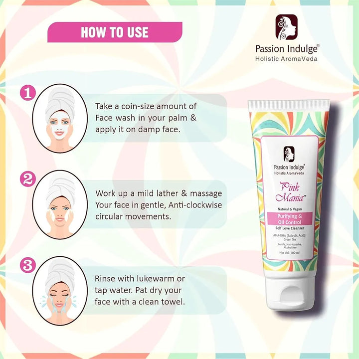 Passion Indulge AHA BHA Face Wash For Acne, Oily skin | Pinkmania Cleanser For Skin Purifying & Oil Control With Turmeric & Green Tea | Acne Removal - 100 ml