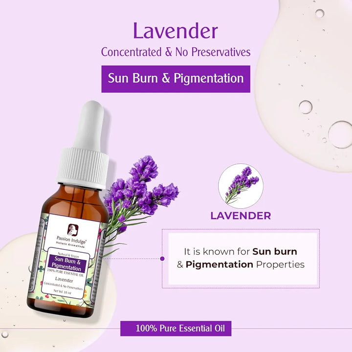 Passion Indulge Natural Lavender Pure Essential Oil, for Acne | Sun Burn | Pigmentation & insect Repellent 10ml