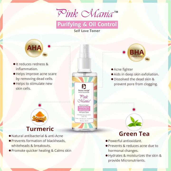 Passion Indulge AHA BHA Face Toner For Skin Purifying & Oil Control| Pinkmania Toner For Acne and Oily Skin With Turmeric & Green Tea | Reduces Acne & Redness & Hydrates The Skin | 100ml