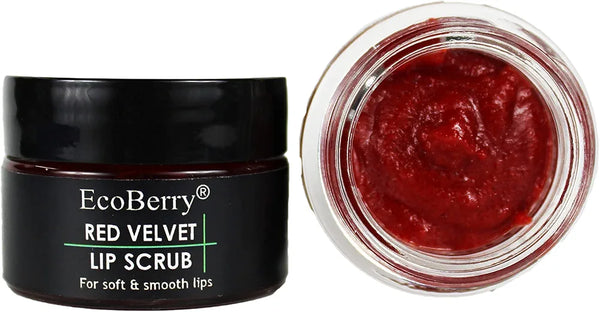 EcoBerry Red Velvet Lip Scrub For Natural Pink Lips Dry, Chapped Lips, Exfoliates, Supple Moisturizing Conditioning, Natural, Handmade, Mineral Oil Free, Preservative Free, Paraben Free, Veg