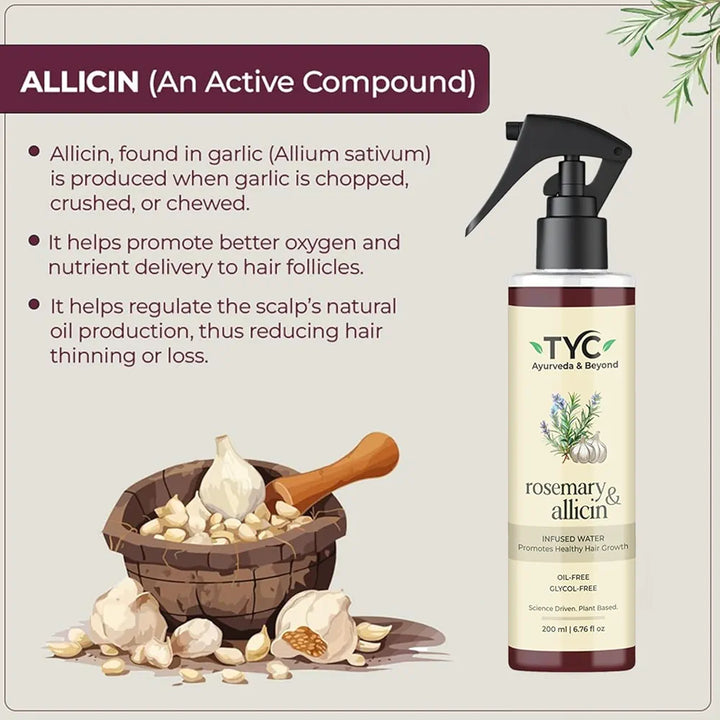 TYC Trust Your Choice Rosemary & Allicin Water Hair Spray for Hair Fall Control, Hair Growth, Scalp Health, Natural Anti-Hair Loss Treatment, 200ml