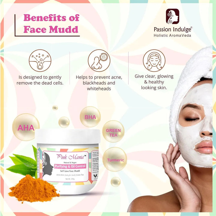 Passion Indulge AHA BHA Face Mudd for Acne, Oily Skin | Pinkmania Face Mudd for Skin Purifying & Oil Control With Turmeric & Green Tree | Natural & Vegan Acne Removal - 200g