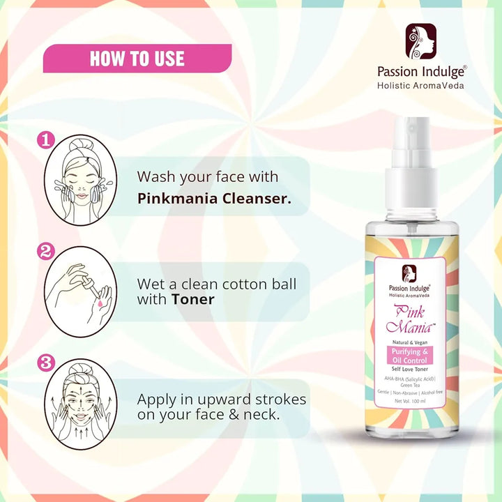 Passion Indulge AHA BHA Face Toner For Skin Purifying & Oil Control| Pinkmania Toner For Acne and Oily Skin With Turmeric & Green Tea | Reduces Acne & Redness & Hydrates The Skin | 100ml