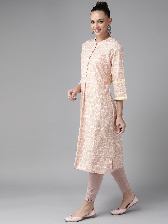 W Women Peach-Coloured & White Ethnic Printed Kurta