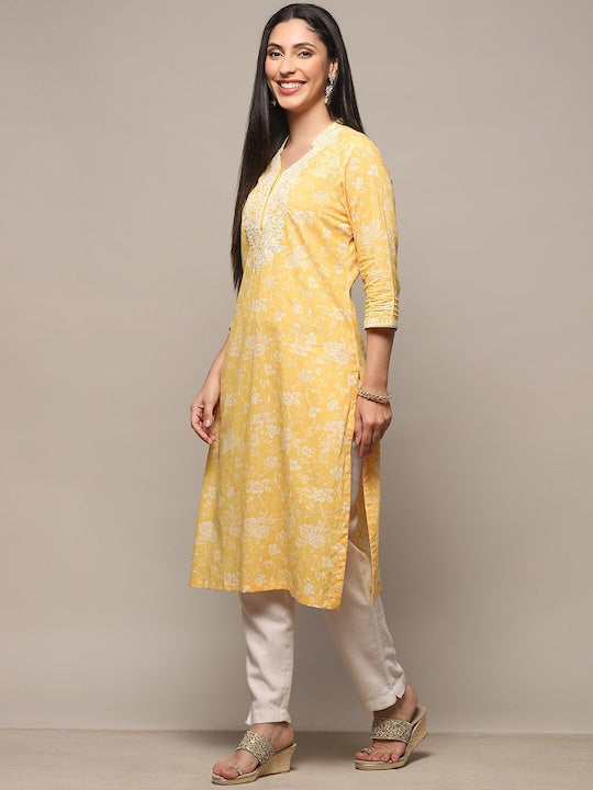 Biba Ethnic Motifs Embroidered Sequined Pure Cotton Straight Kurta