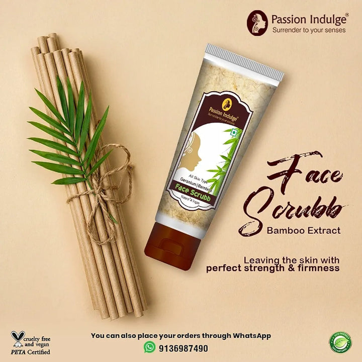 Passion Indulge Bamboo Face Scrub for Dirt, Blackheads and Acne Removal - 60gm | Remove Dead Skin Cells | Tan Removal | Glowing Skin | Deep Pore Cleansing | All Skin Types | Paraben & Sulphate Free | Vegan | Peta Certified.