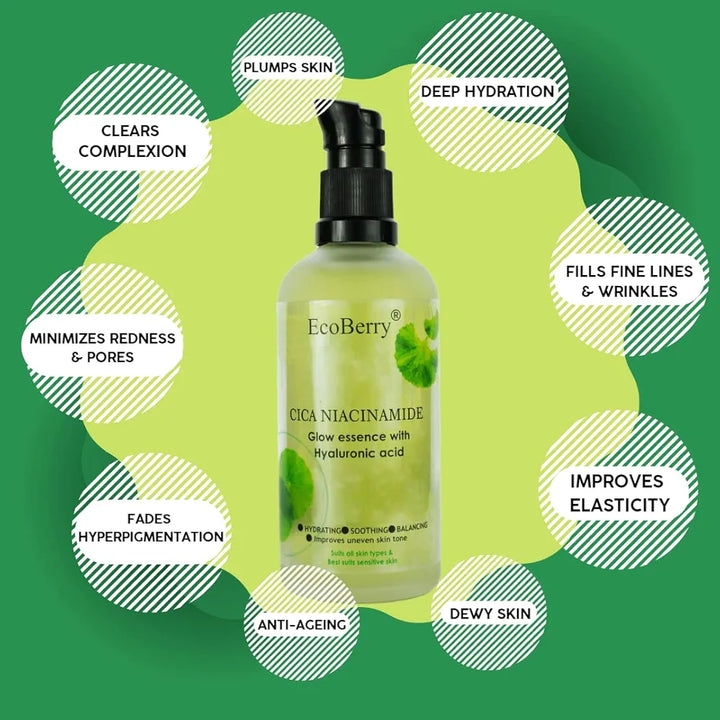 EcoBerry Centella Asiatica  Niacinamide Glow Essence With Hyaluronic Acid, Oil Free Essence, Moisturizer, Anti-Aging, Brightens Skin, Natural & Handmade, Chemical Free, Paraben Free, Vegan