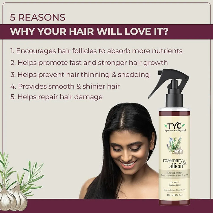 TYC Trust Your Choice Rosemary & Allicin Water Hair Spray for Hair Fall Control, Hair Growth, Scalp Health, Natural Anti-Hair Loss Treatment, 200ml