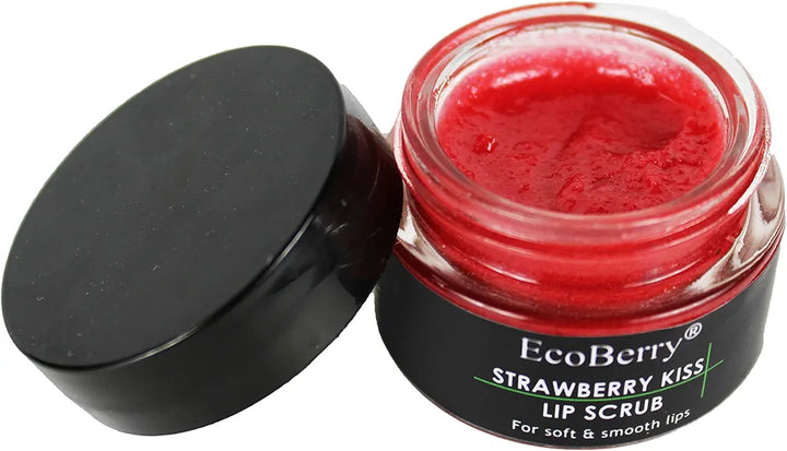 EcoBerry Strawberry Kiss Lip Scrub Lip Scrub For Natural Pink Lips Dry, Chapped Lips, Supple Moisturizing Conditioning, Enriched with Strawberry Extracts, Natural & Handmade, Mineral Oil Free, Paraben Free, Veg