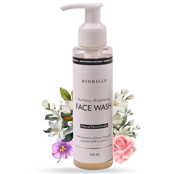 Biohills Skin Brightening Face Wash Cleanser 100ml | Saffron & Marigold for Radiance & Even Skin Tone | Rose & Jasmine for Hydration & Soothing Aroma | Kewra for Refreshing Balance