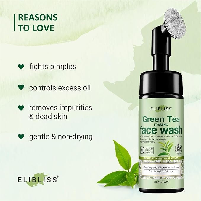 Elibliss Green Tea Skin Brightening Foaming Face Wash with Built-In Face Brush - 150 ml