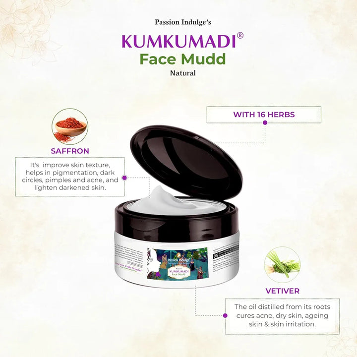 Passion Indulge Kumkumadi Natural Face Mudd Pack for Anti-Aging, Glowing, shine and Brightness with Saffron, Vetiver Oil, and 16 Herbs for All Skin Types - 250gm