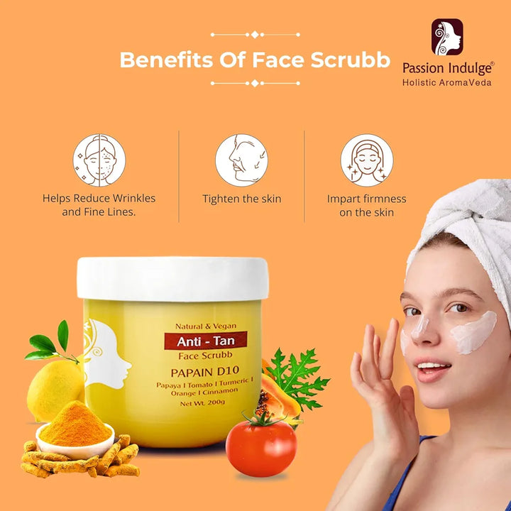 Passion Indulge Natural Papain D10 Face Scrub | Reduces Tan | Improves Tone & Texture| Remove Dead Skin Cells | Vegan | All Skin Types 
