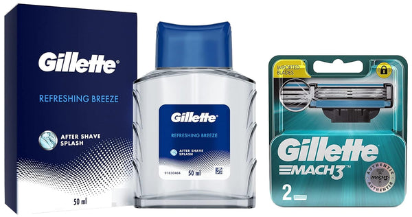 Gillette After Shave Splash Refreshing Breeze & Mach 3 Manual Shaving Razor Blades Combo