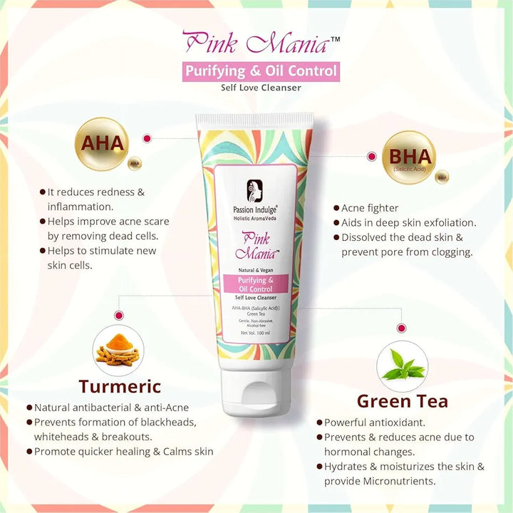 Passion Indulge AHA BHA Face Wash For Acne, Oily skin | Pinkmania Cleanser For Skin Purifying & Oil Control With Turmeric & Green Tea | Acne Removal - 100 ml