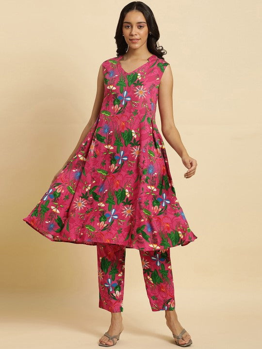 W Floral Printed Mandarin Collar Anarkali Kurta with Trousers