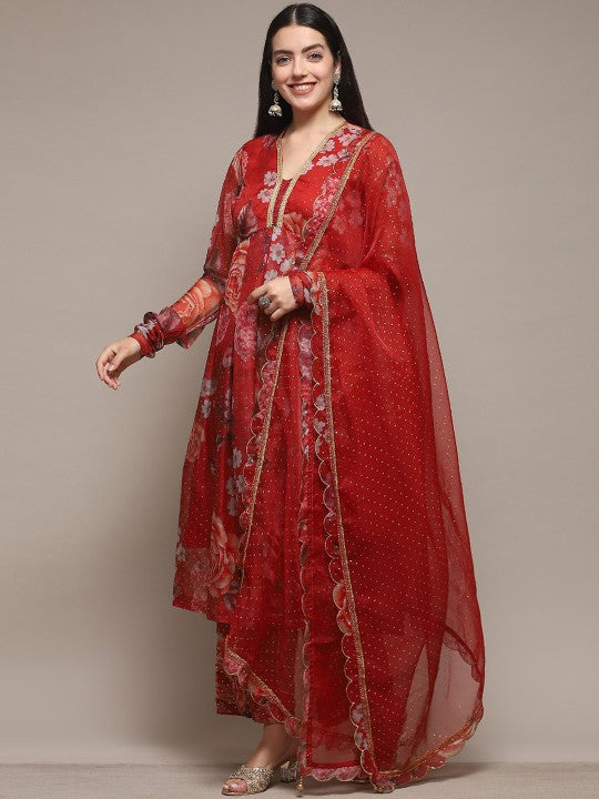 Biba Floral Printed Anarkali Kurta with Palazzos & With Dupatta