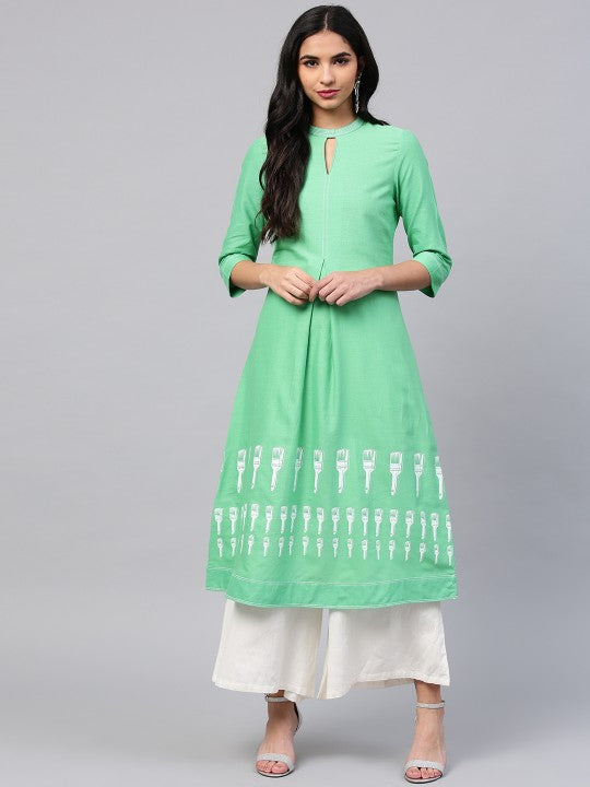 W Women Green Printed A-Line Kurta