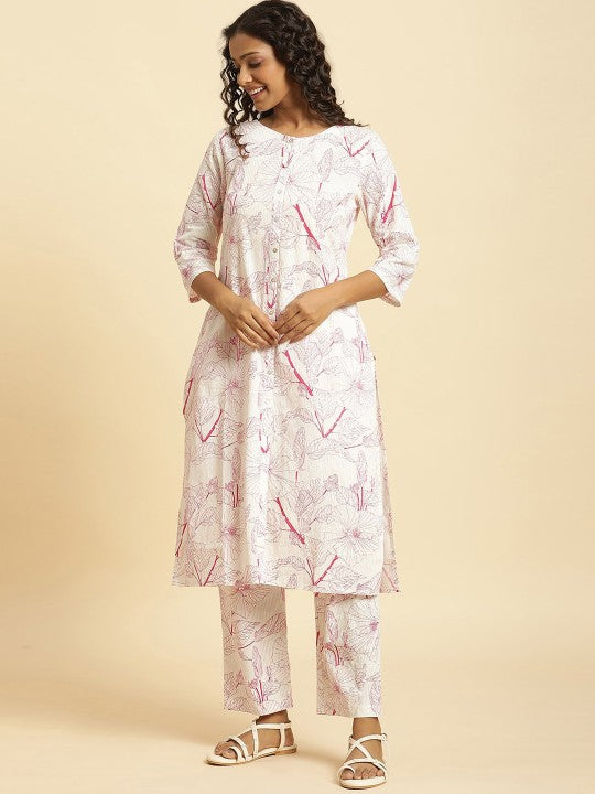 W Floral Printed Pure Cotton Kurta With Trousers