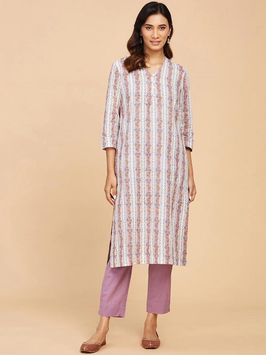 Fabindia Floral Block Printed V-Neck Cotton Kurta