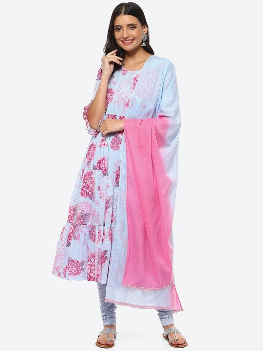 Biba Women Floral Printed Tiered Kurta with Leggings & Dupatta Plus Size