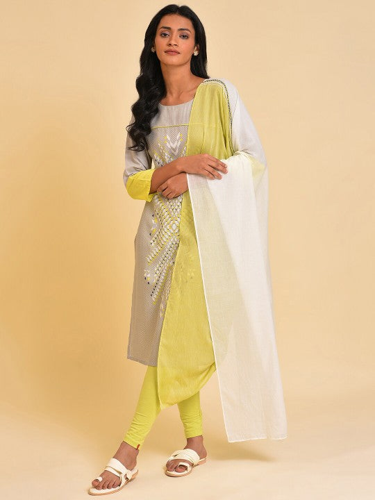 W Green & White Colourblocked Pure Cotton Dupatta