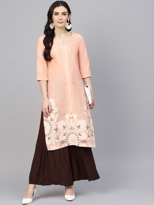 W Women Peach-Coloured & White Printed Straight Kurta