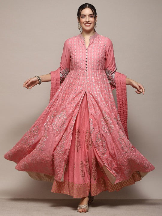 Biba Ethnic Motifs Embroidered Sequined A-Line Pure Cotton Kurta with Skirt & Dupatta