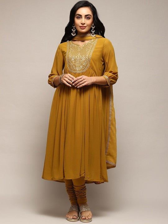 Biba Ethnic Motifs Yoke Design Empire Thread Work Anarkali Kurta & Churidar With Dupatta