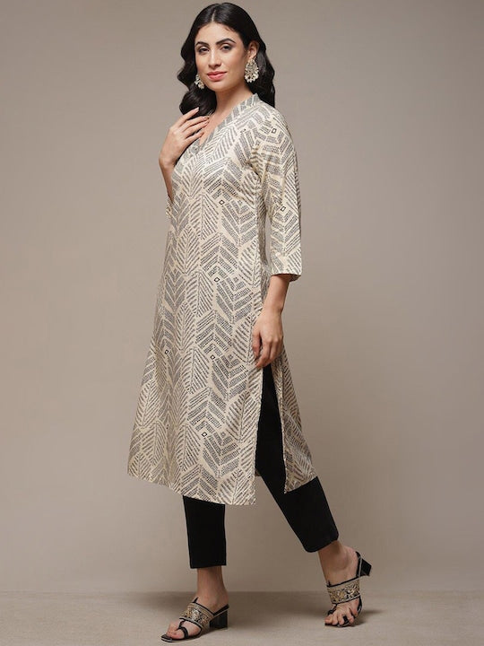 Biba Ethnic Motifs Printed Thread Work V-Neck Kurta